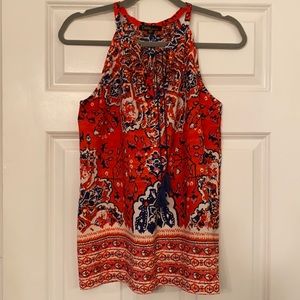 Poppy color print silky tank with tassels.